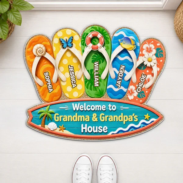 Personalized Shaped Doormat, Summer Flip Flop Welcome Unique Gift for Grandma & Grandpa's House - Image 4