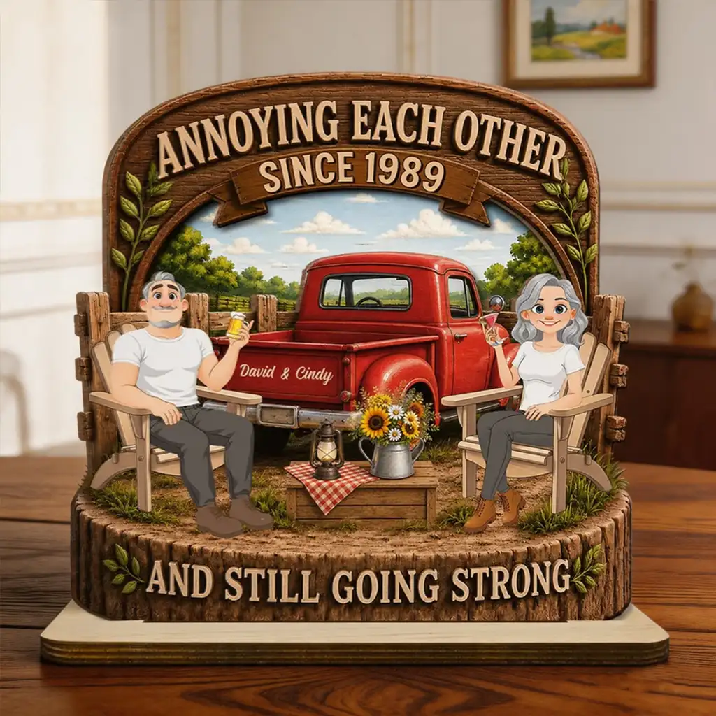 Personalized 2-Layer Wooden Plaque With Rustic Couple & Red Truck, Unique Gift For Couple