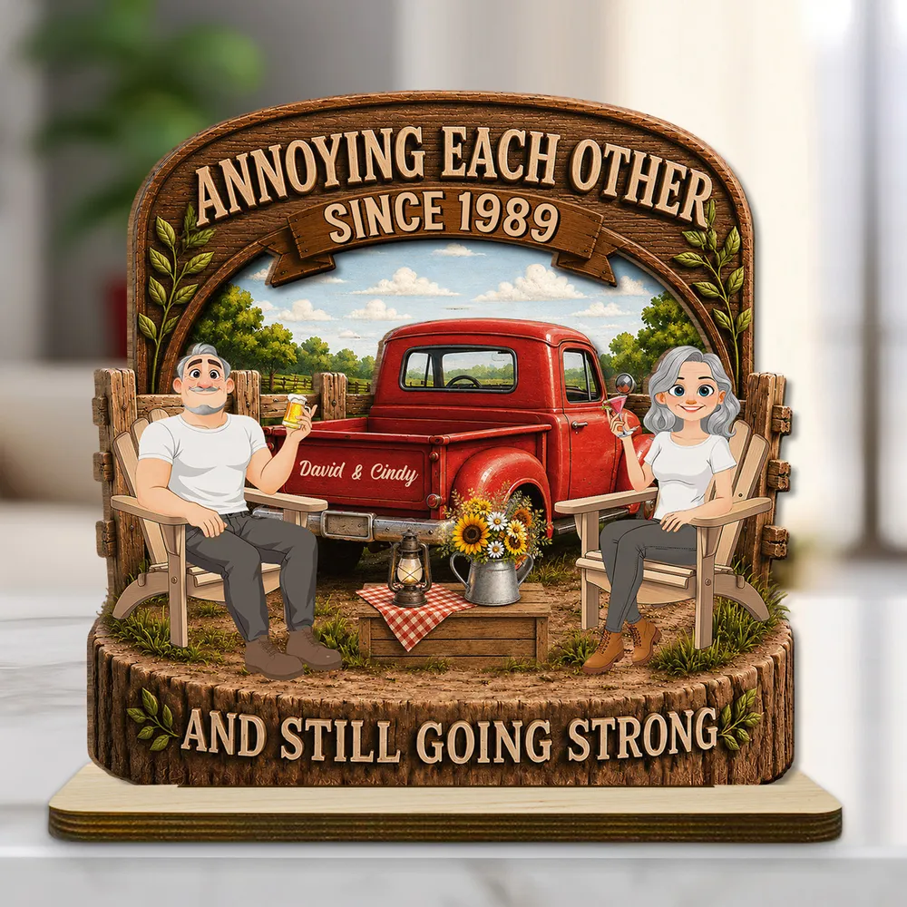 Personalized 2-Layer Wooden Plaque With Rustic Couple & Red Truck, Unique Gift For Couple - Image 2