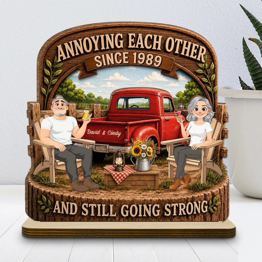 Personalized 2-Layer Wooden Plaque With Rustic Couple & Red Truck, Unique Gift For Couple - Image 3