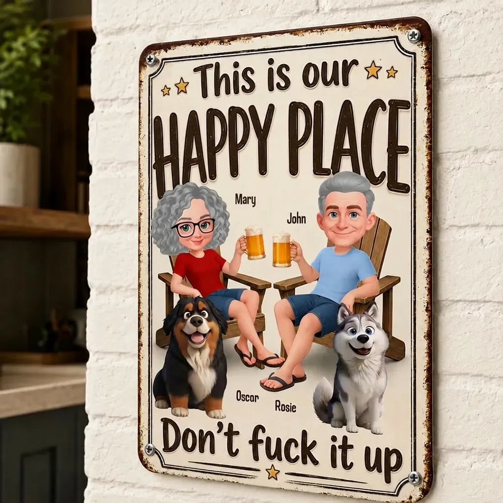 Personalized Rectangular Iron Sign, Vintage Happy Place Couple & Dogs, Unique Creative Gift for Home