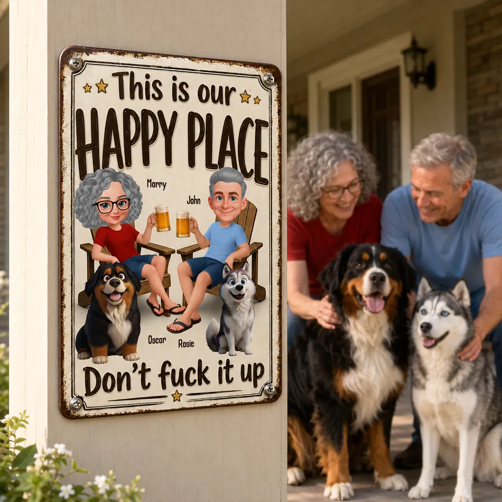 Personalized Rectangular Iron Sign, Vintage Happy Place Couple & Dogs, Unique Creative Gift for Home - Image 2