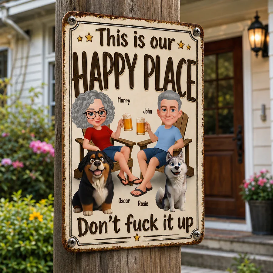 Personalized Rectangular Iron Sign, Vintage Happy Place Couple & Dogs, Unique Creative Gift for Home - Image 3