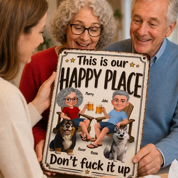 Personalized Rectangular Iron Sign, Vintage Happy Place Couple & Dogs, Unique Creative Gift for Home - Image 4