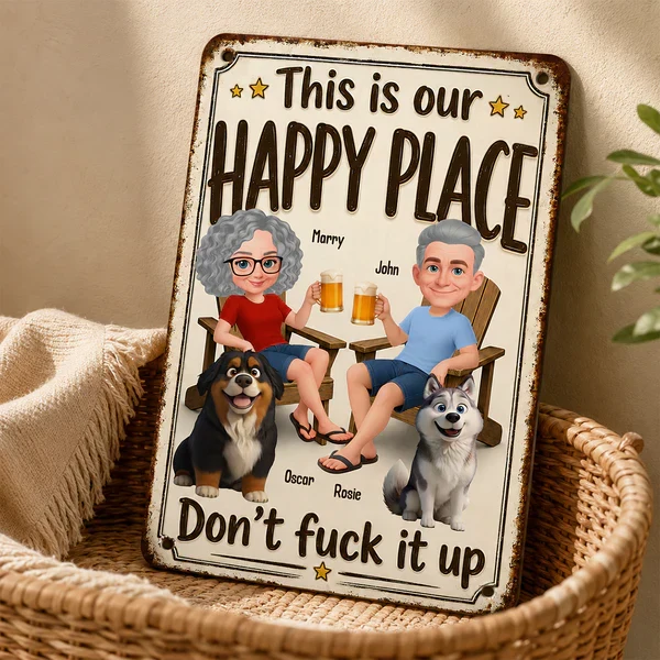 Personalized Rectangular Iron Sign, Vintage Happy Place Couple & Dogs, Unique Creative Gift for Home - Image 6