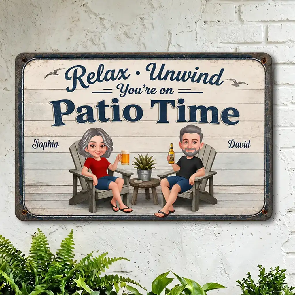 Personalized Metal Sign with Seated Patio Couple, Relax Unwind Decor, Unique Gift for Couples