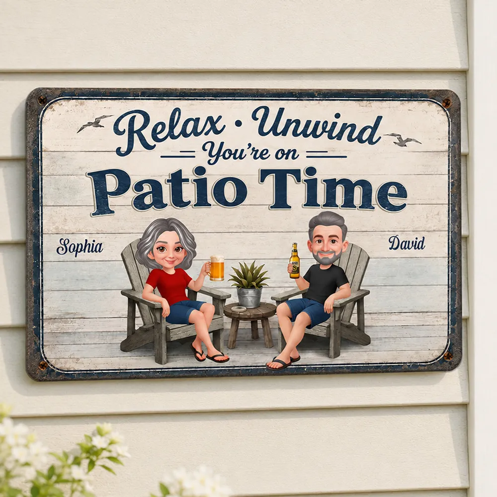 Personalized Metal Sign with Seated Patio Couple, Relax Unwind Decor, Unique Gift for Couples - Image 2