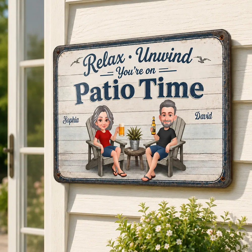 Personalized Metal Sign with Seated Patio Couple, Relax Unwind Decor, Unique Gift for Couples - Image 3