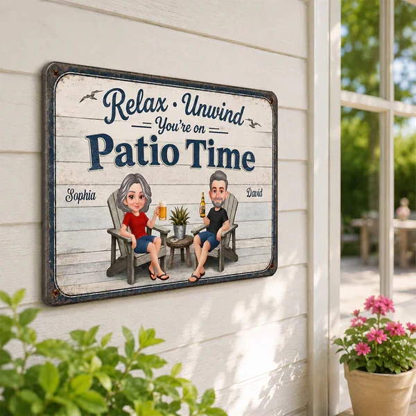 Personalized Metal Sign with Seated Patio Couple, Relax Unwind Decor, Unique Gift for Couples - Image 4