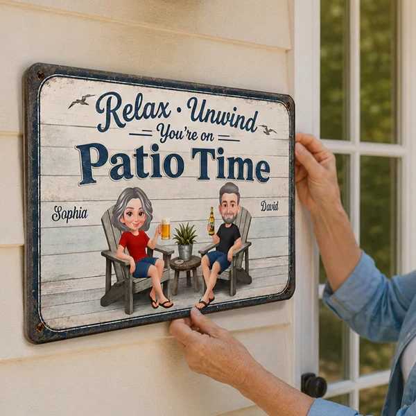 Personalized Metal Sign with Seated Patio Couple, Relax Unwind Decor, Unique Gift for Couples - Image 5