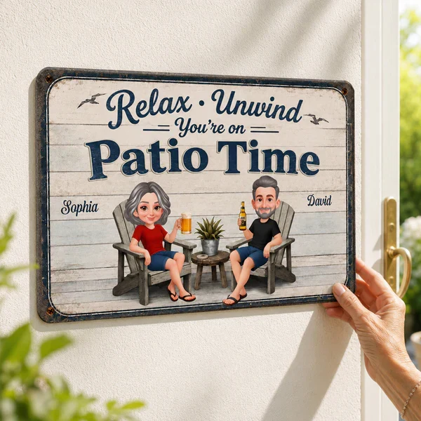 Personalized Metal Sign with Seated Patio Couple, Relax Unwind Decor, Unique Gift for Couples - Image 6