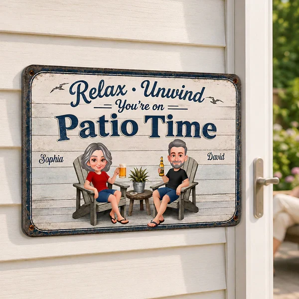Personalized Metal Sign with Seated Patio Couple, Relax Unwind Decor, Unique Gift for Couples - Image 7