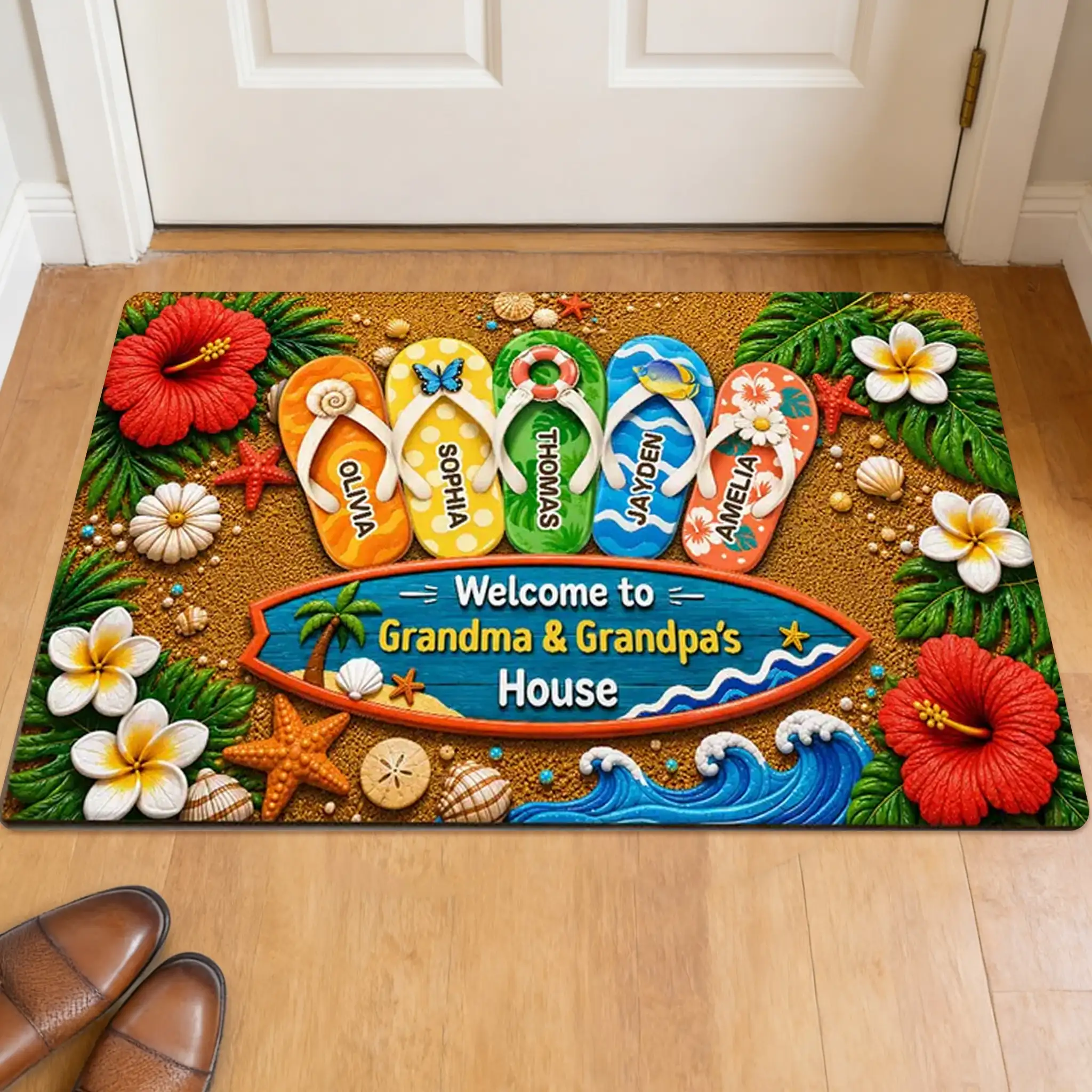 Personalized Standard Doormat, Hello Summer Flip-Flop Design for Grandma & Grandpa, Unique Gift