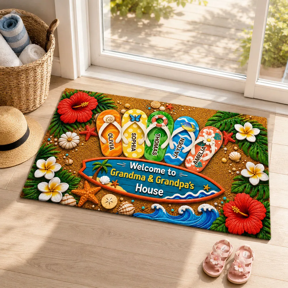 Personalized Standard Doormat, Hello Summer Flip-Flop Design for Grandma & Grandpa, Unique Gift - Image 3