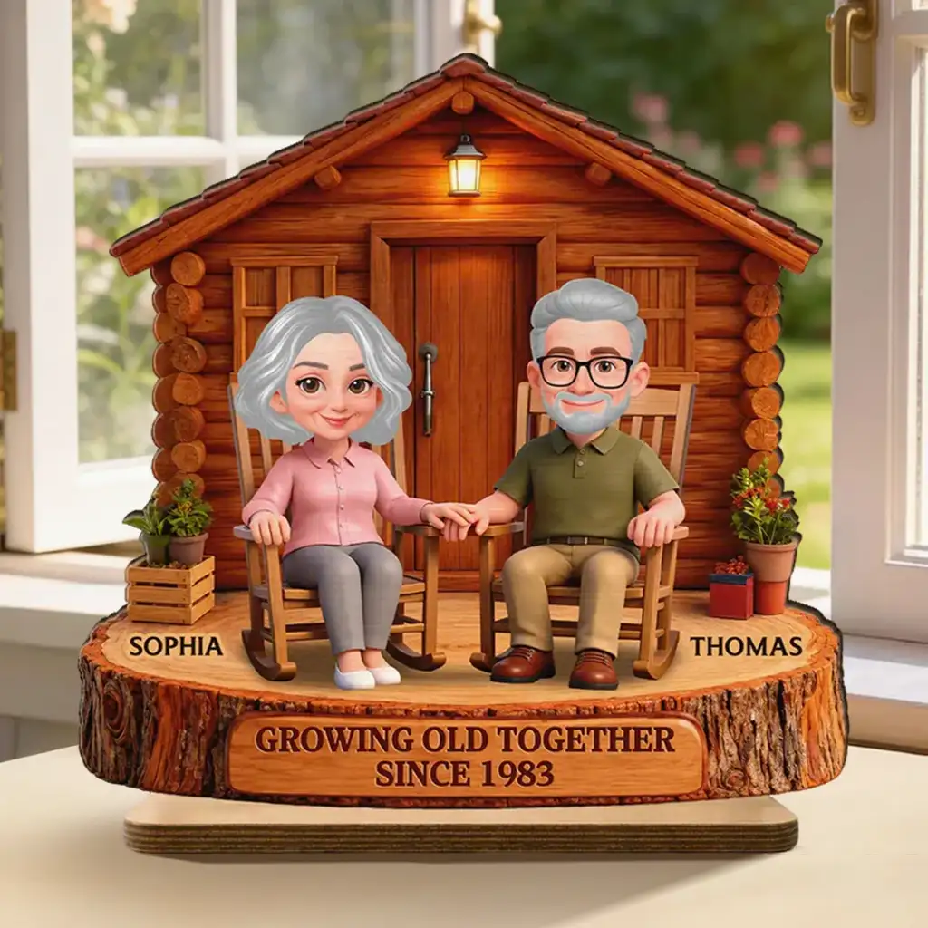 Growing Old Together 2-Layer Wooden Plaque, Couple Holding Hands at Cabin, Creative Anniversary Gift