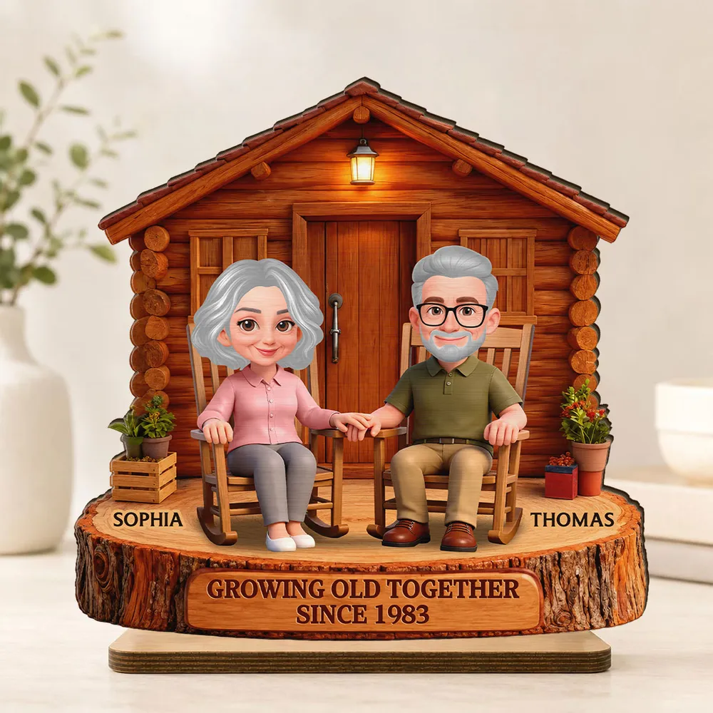 Growing Old Together 2-Layer Wooden Plaque, Couple Holding Hands at Cabin, Creative Anniversary Gift - Image 2