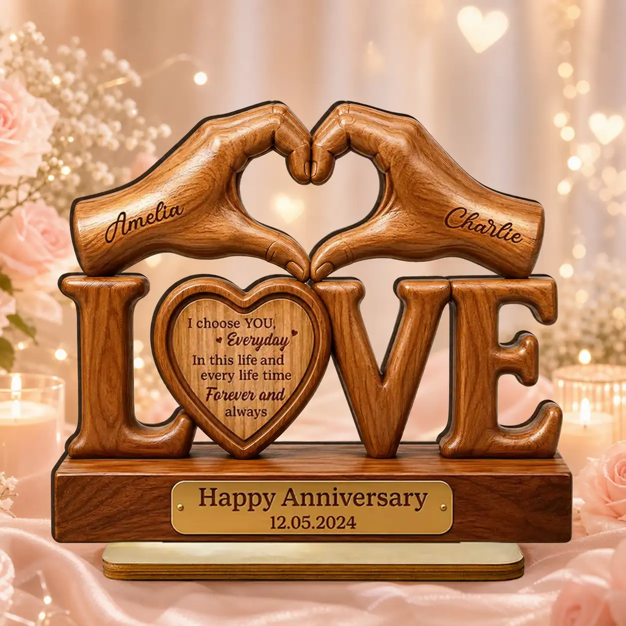Personalized 2-Layer Wooden Plaque for Couple, Heart Hands Anniversary Unique Creative Gift