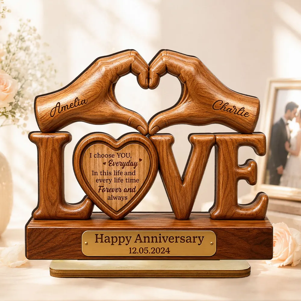 Personalized 2-Layer Wooden Plaque for Couple, Heart Hands Anniversary Unique Creative Gift - Image 2