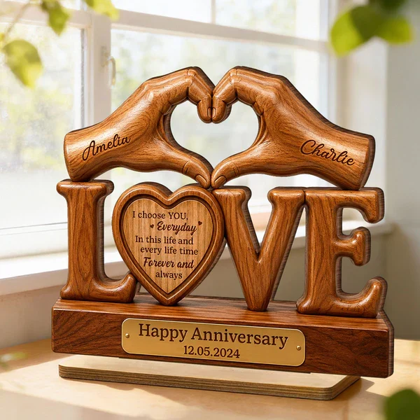Personalized 2-Layer Wooden Plaque for Couple, Heart Hands Anniversary Unique Creative Gift - Image 5