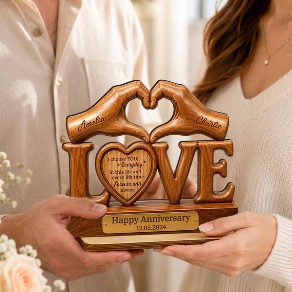 Personalized 2-Layer Wooden Plaque for Couple, Heart Hands Anniversary Unique Creative Gift - Image 6
