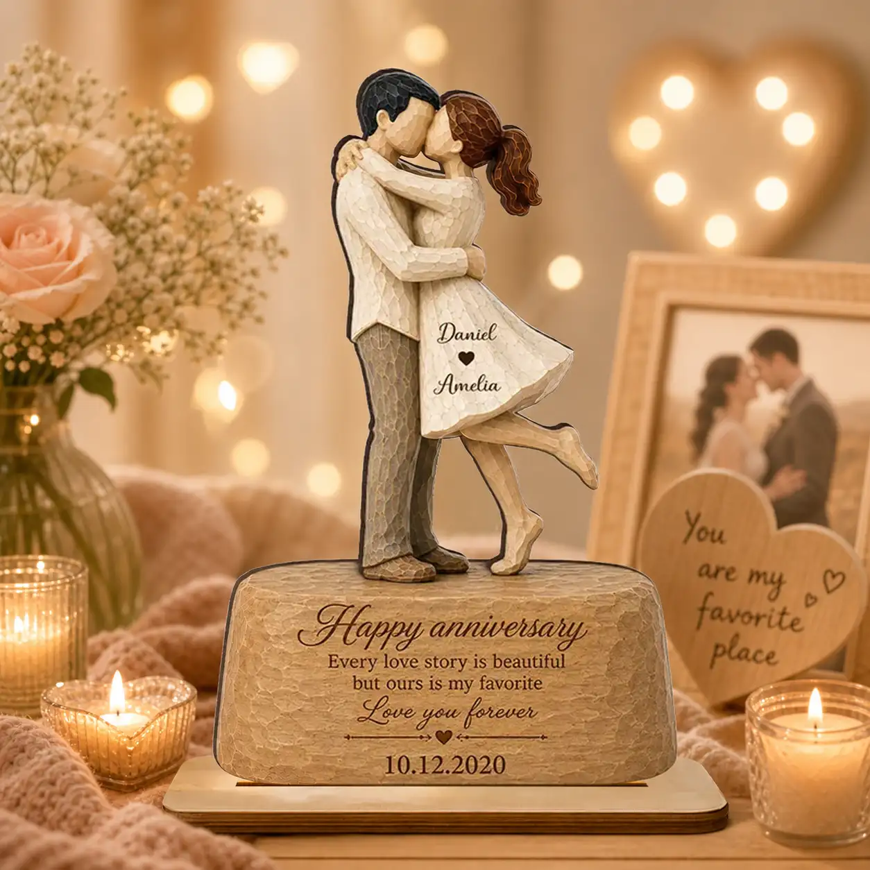 Personalized Wooden Plaque, Kissing Couple Anniversary Keepsake, Unique Gift for Her & Him