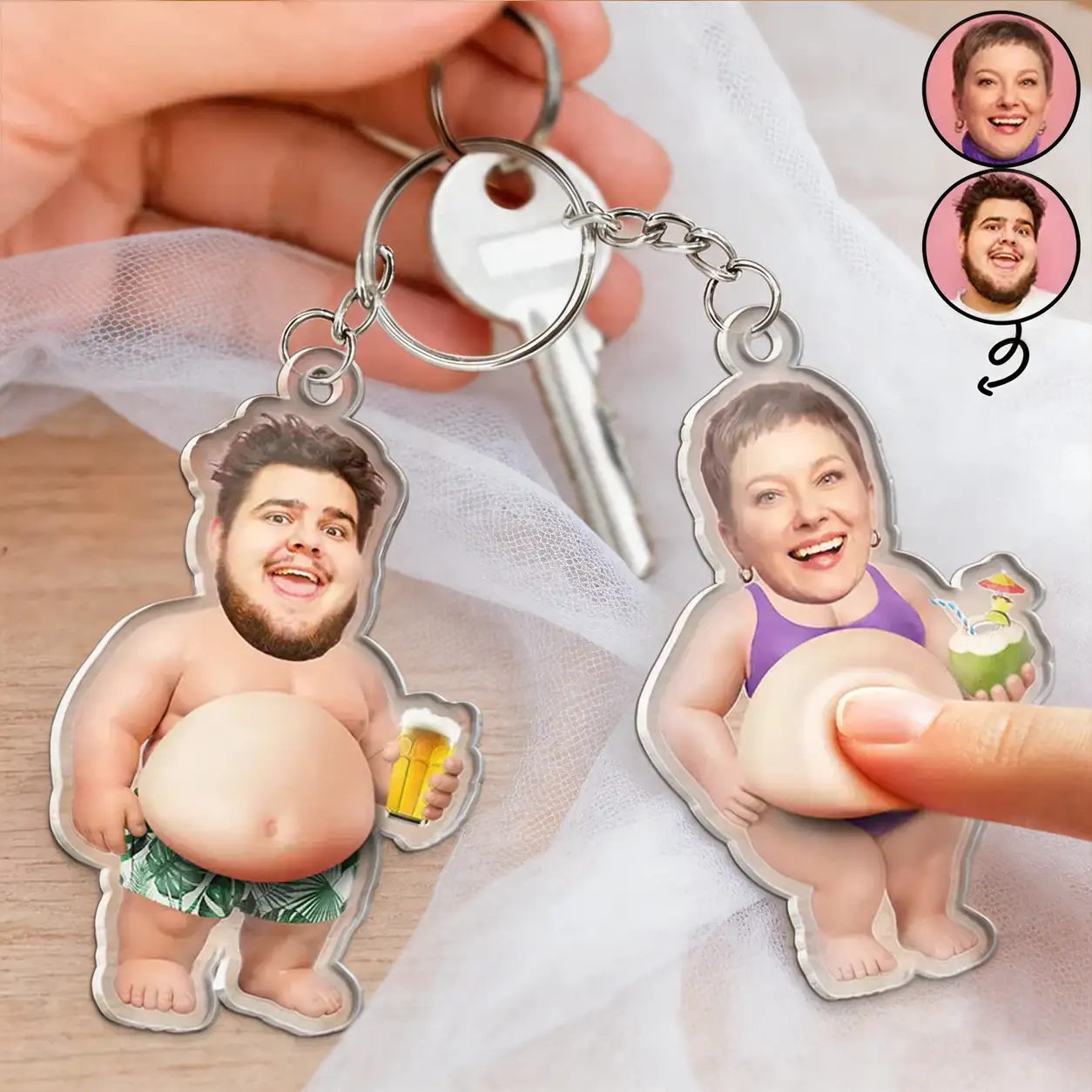 Custom Photo Silicone Belly Acrylic Keychain, Funny Summer Personalized Unique Gift for Friends