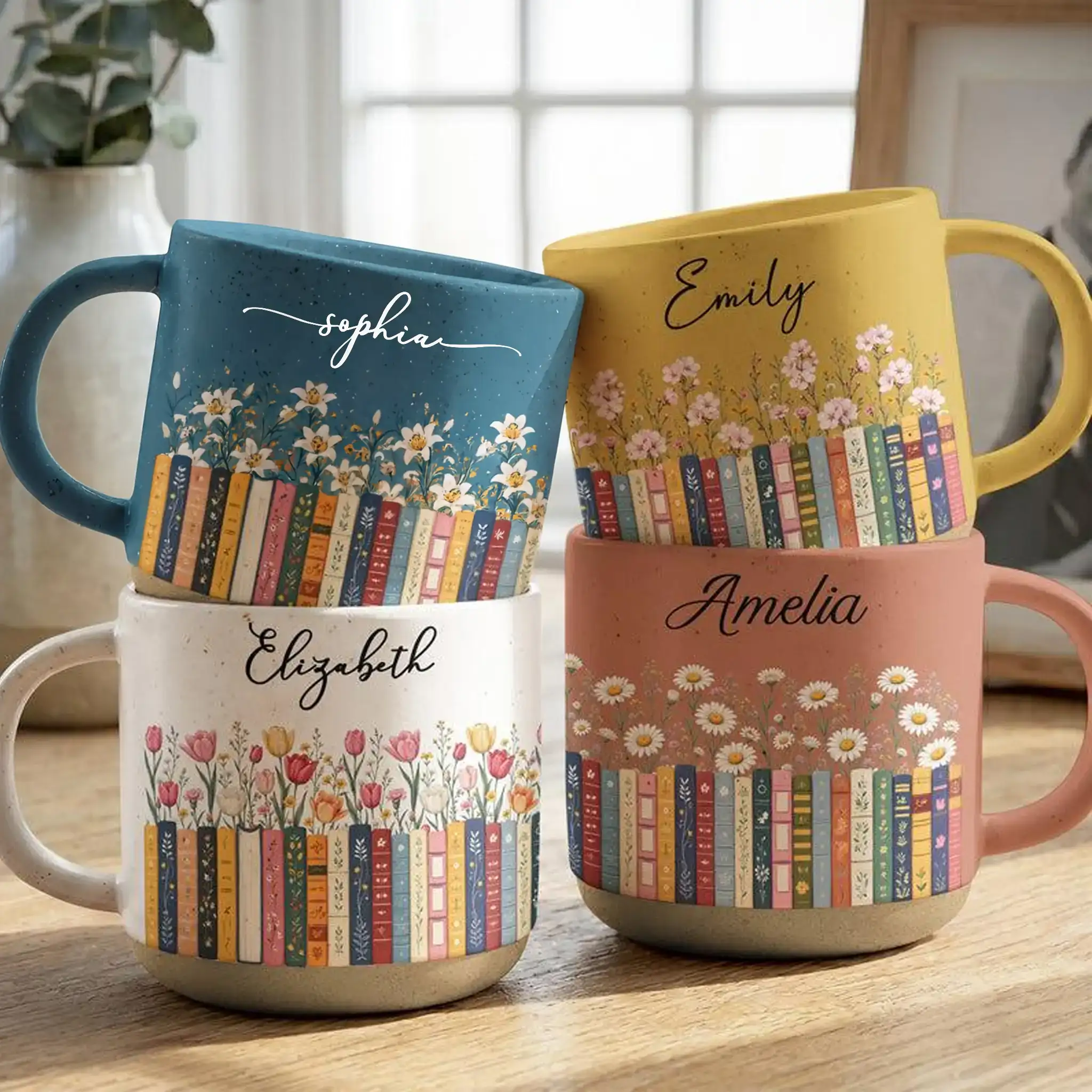 Personalized Birthflower Pottery Mug for Book Lovers, Unique Creative Gift for Daily Coffee