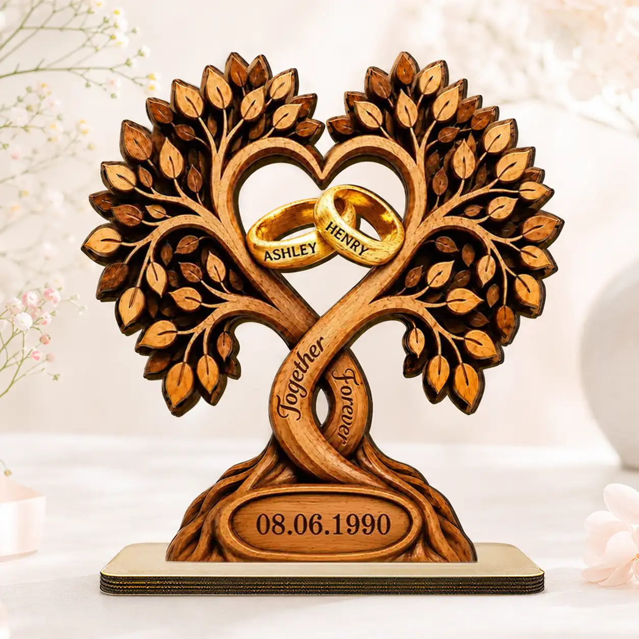 Personalized 2-Layer Wooden Plaque With Heart Tree & Rings, Unique Anniversary Gift For Couples
