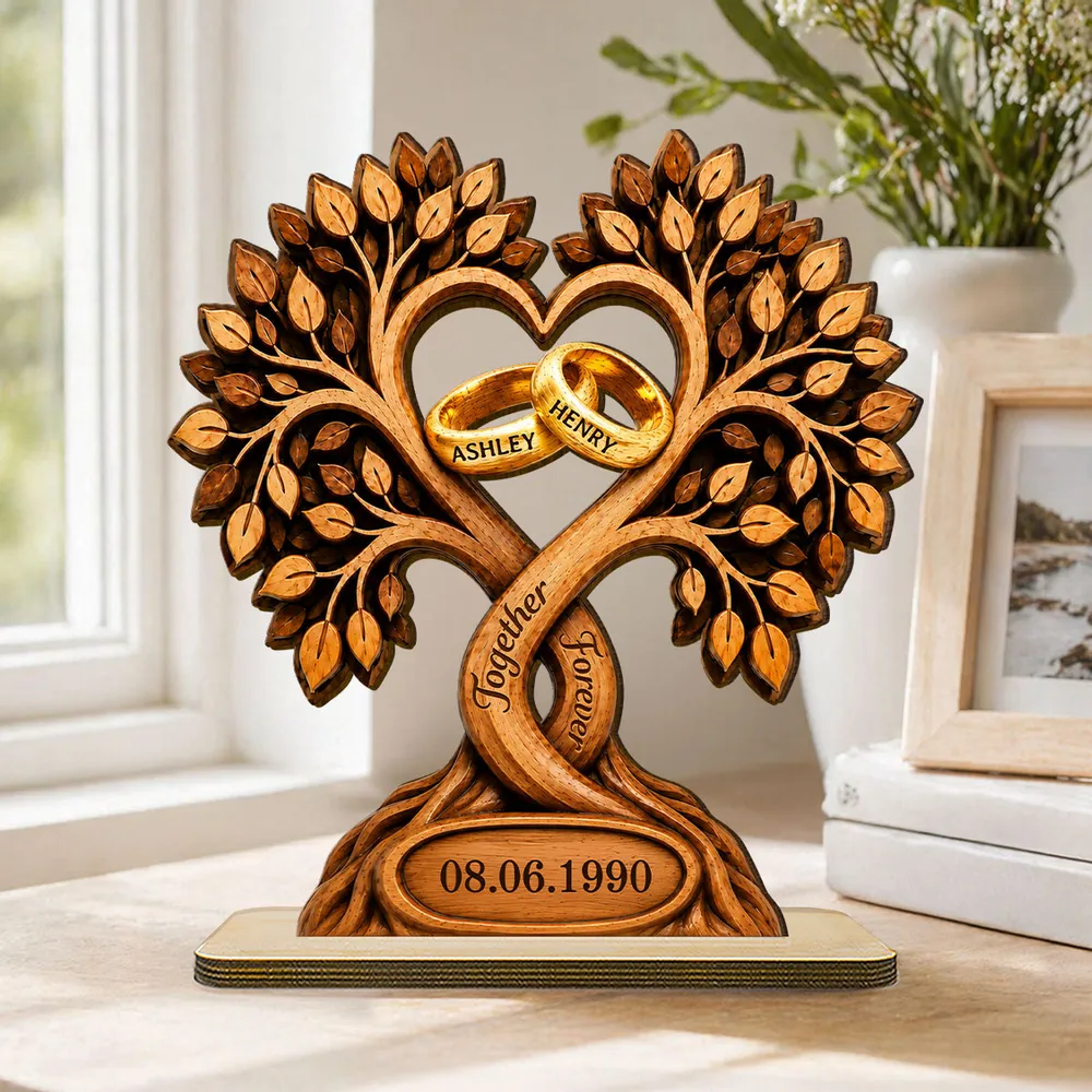 Personalized 2-Layer Wooden Plaque With Heart Tree & Rings, Unique Anniversary Gift For Couples - Image 2
