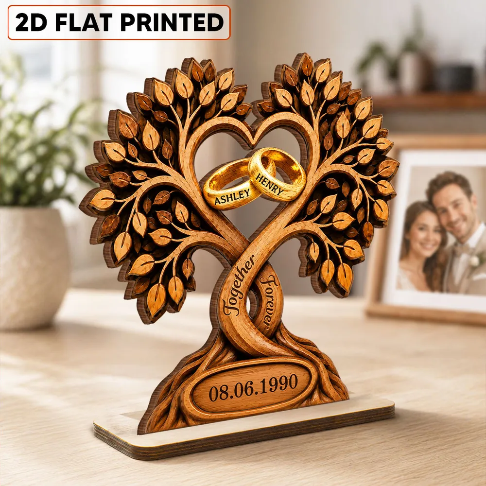 Personalized 2-Layer Wooden Plaque With Heart Tree & Rings, Unique Anniversary Gift For Couples - Image 3