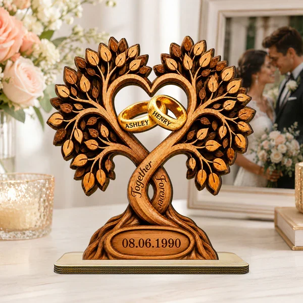 Personalized 2-Layer Wooden Plaque With Heart Tree & Rings, Unique Anniversary Gift For Couples - Image 5