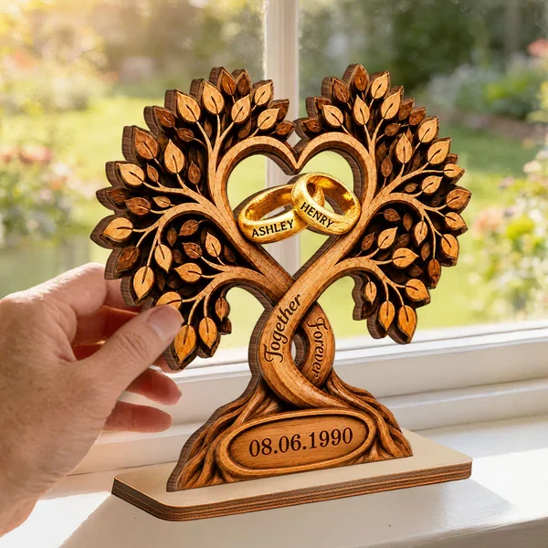 Personalized 2-Layer Wooden Plaque With Heart Tree & Rings, Unique Anniversary Gift For Couples - Image 6