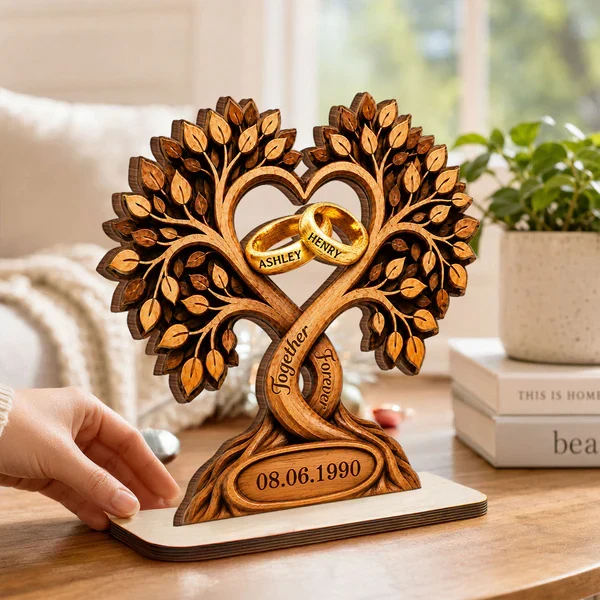Personalized 2-Layer Wooden Plaque With Heart Tree & Rings, Unique Anniversary Gift For Couples - Image 7
