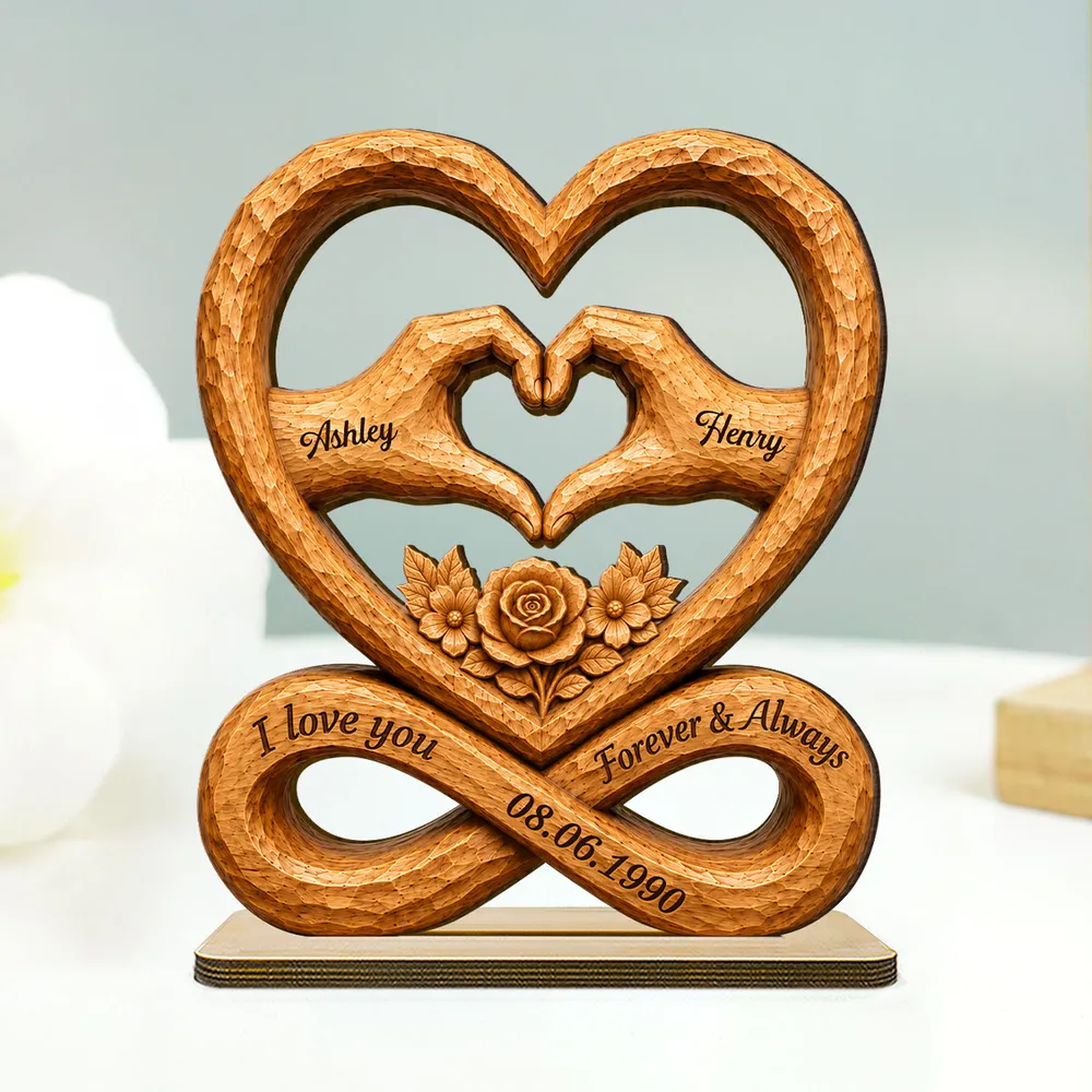 Personalized 2-Layer Wooden Plaque, Heart Hands & Infinity Design, Unique Gift for Couple - Image 2