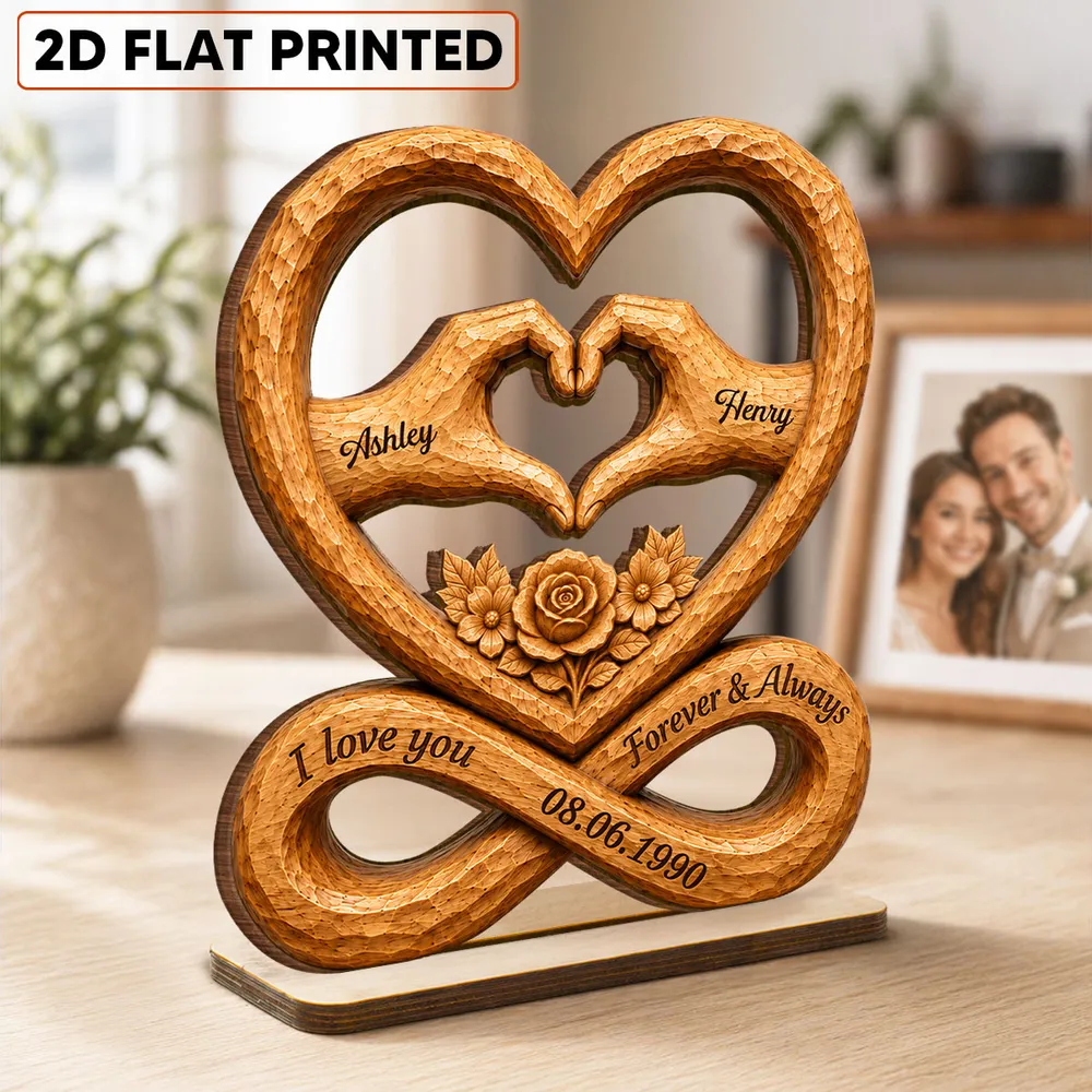 Personalized 2-Layer Wooden Plaque, Heart Hands & Infinity Design, Unique Gift for Couple - Image 3