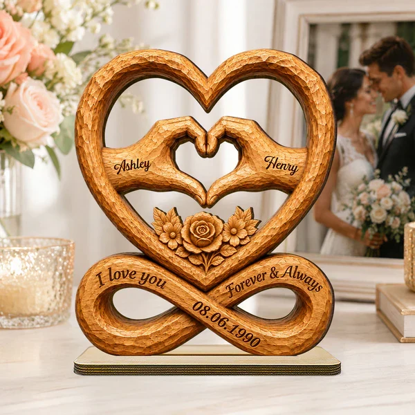 Personalized 2-Layer Wooden Plaque, Heart Hands & Infinity Design, Unique Gift for Couple - Image 5