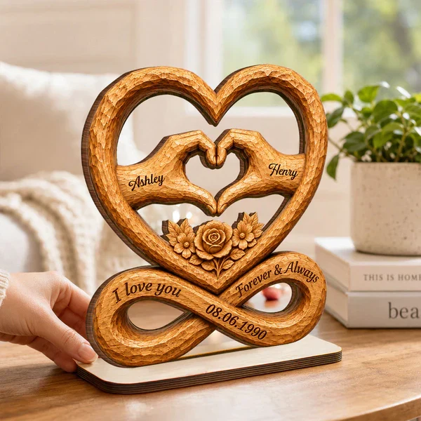 Personalized 2-Layer Wooden Plaque, Heart Hands & Infinity Design, Unique Gift for Couple - Image 7