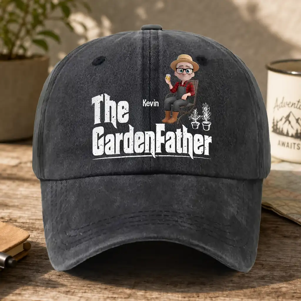 Personalized Washed Denim Baseball Cap, The GardenFather Cartoon, Unique Gift for Gardener Dad