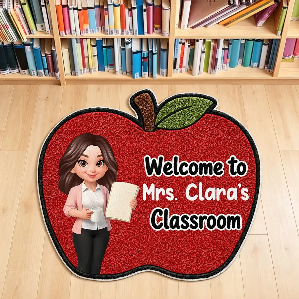 Personalized Shaped Doormat with Smiling Teacher & Apple, Unique Back to School Gift for Teacher