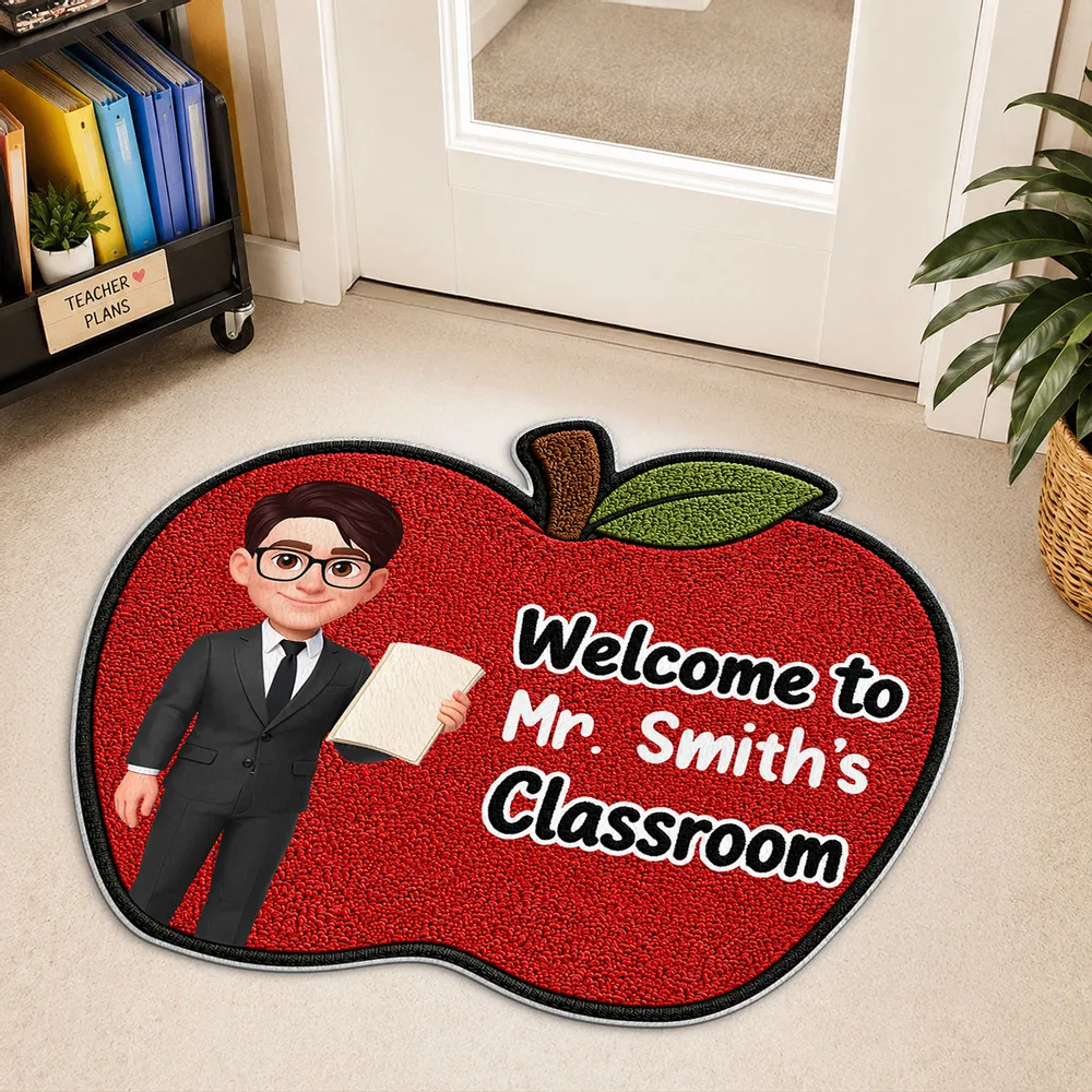 Personalized Shaped Doormat with Smiling Teacher & Apple, Unique Back to School Gift for Teacher - Image 2