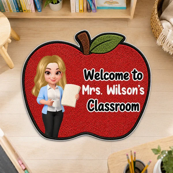 Personalized Shaped Doormat with Smiling Teacher & Apple, Unique Back to School Gift for Teacher - Image 3