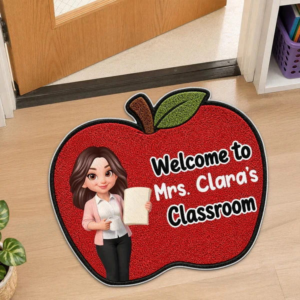 Personalized Shaped Doormat with Smiling Teacher & Apple, Unique Back to School Gift for Teacher - Image 8