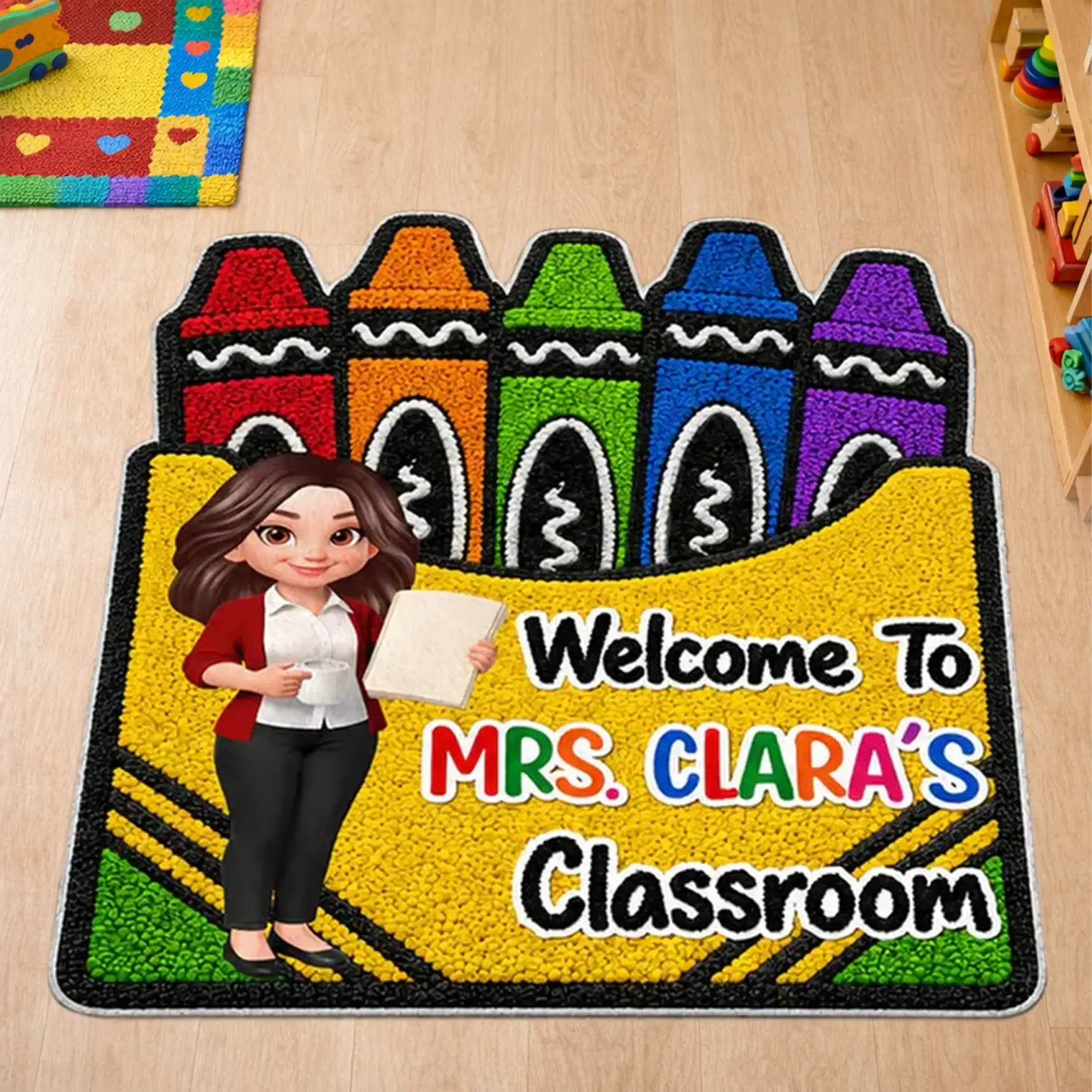 Personalized Shaped Doormat With Crayon Box Art, Cartoon Teacher Holding Notebook, Unique Teacher Gift