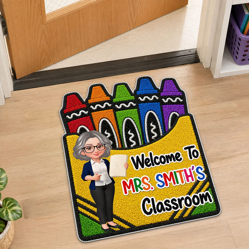 Personalized Shaped Doormat With Crayon Box Art, Cartoon Teacher Holding Notebook, Unique Teacher Gift - Image 2
