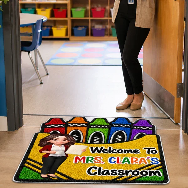 Personalized Shaped Doormat With Crayon Box Art, Cartoon Teacher Holding Notebook, Unique Teacher Gift - Image 3