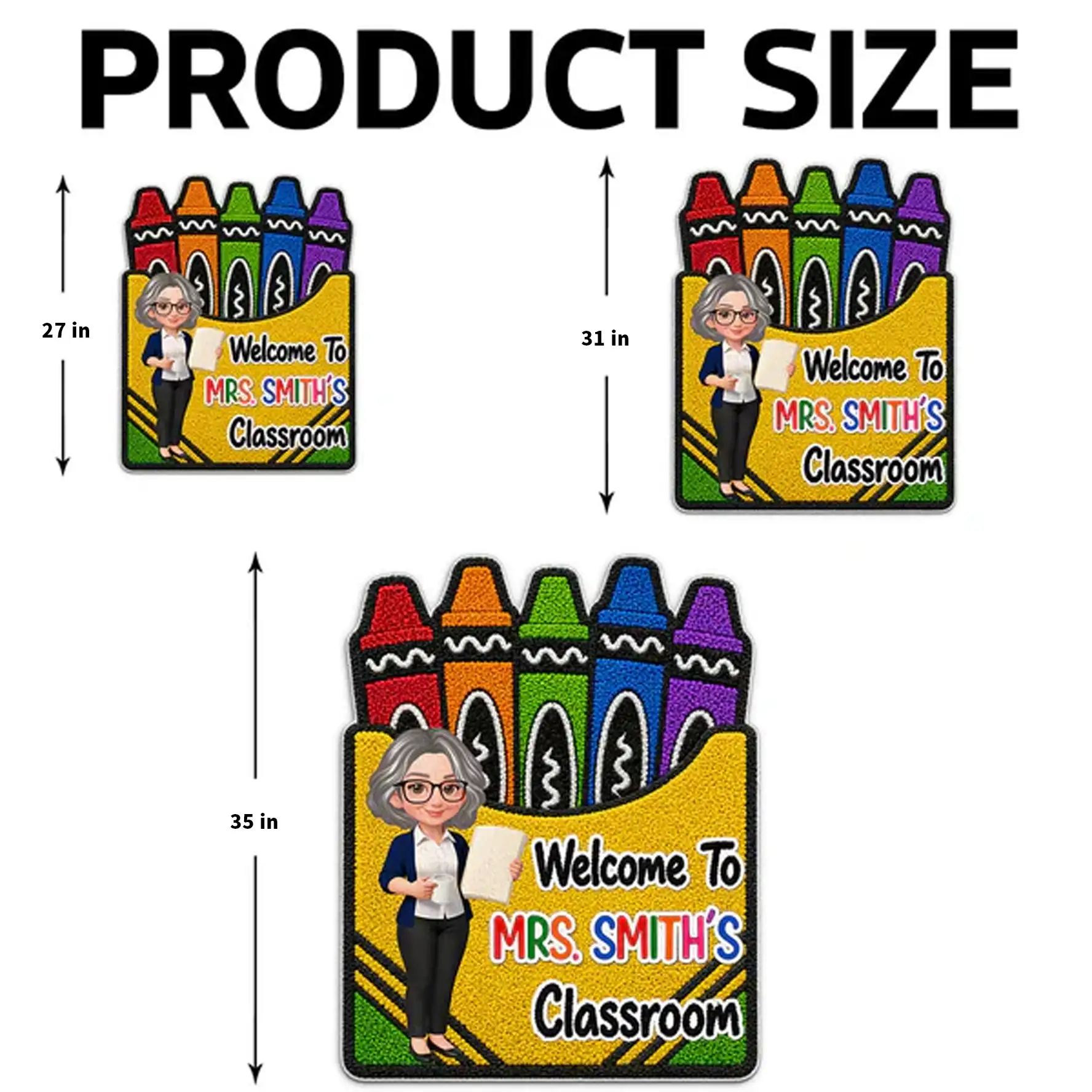 Personalized Shaped Doormat With Crayon Box Art, Cartoon Teacher Holding Notebook, Unique Teacher Gift - Image 4