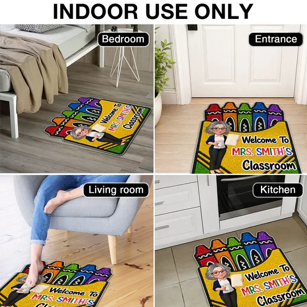 Personalized Shaped Doormat With Crayon Box Art, Cartoon Teacher Holding Notebook, Unique Teacher Gift - Image 5