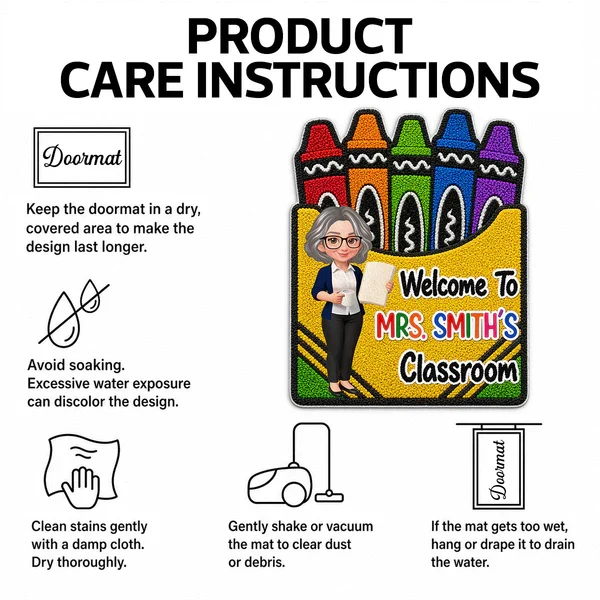 Personalized Shaped Doormat With Crayon Box Art, Cartoon Teacher Holding Notebook, Unique Teacher Gift - Image 6