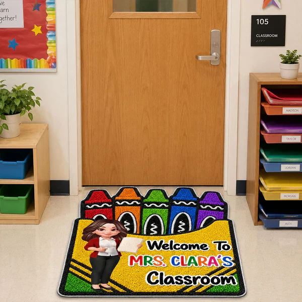 Personalized Shaped Doormat With Crayon Box Art, Cartoon Teacher Holding Notebook, Unique Teacher Gift - Image 7