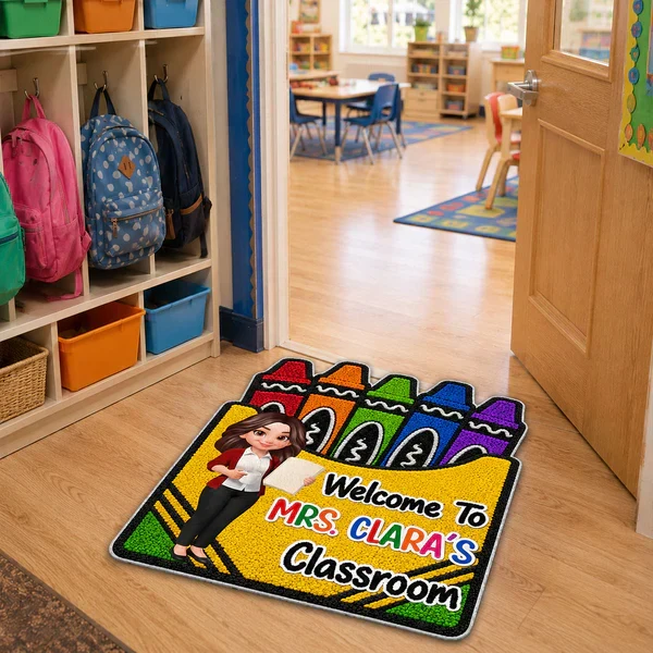 Personalized Shaped Doormat With Crayon Box Art, Cartoon Teacher Holding Notebook, Unique Teacher Gift - Image 8